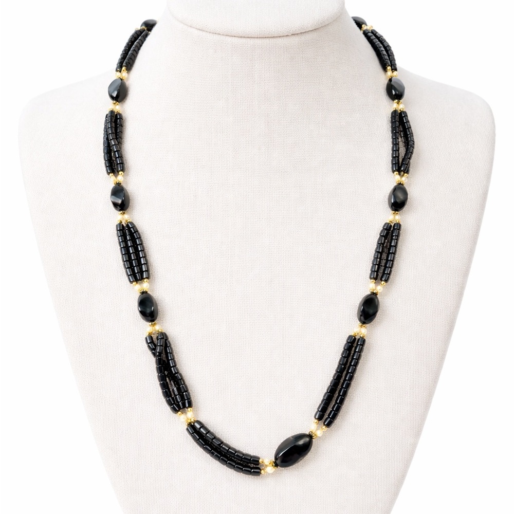 Vintage Hematite Rice Pearl Beaded Station Necklace Gray White Necklace